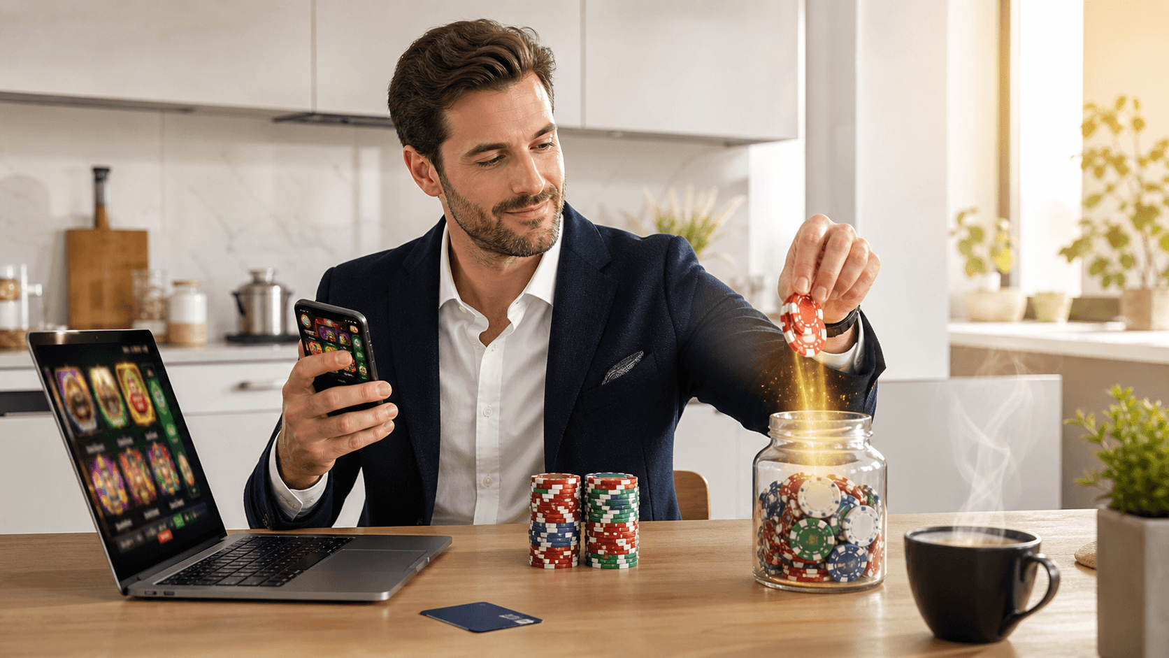 Glowing casino chips and playing cards on a green felt table with neon lights and a gold cashback coin icon